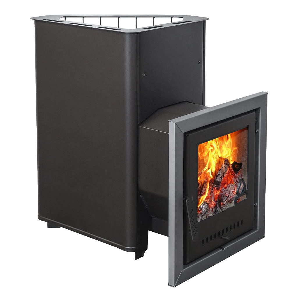 Печь для бани Варвара Бермуда угловой левой установки c выносной топкой 200 мм дверка со стеклом, парная 6 – 12 м³