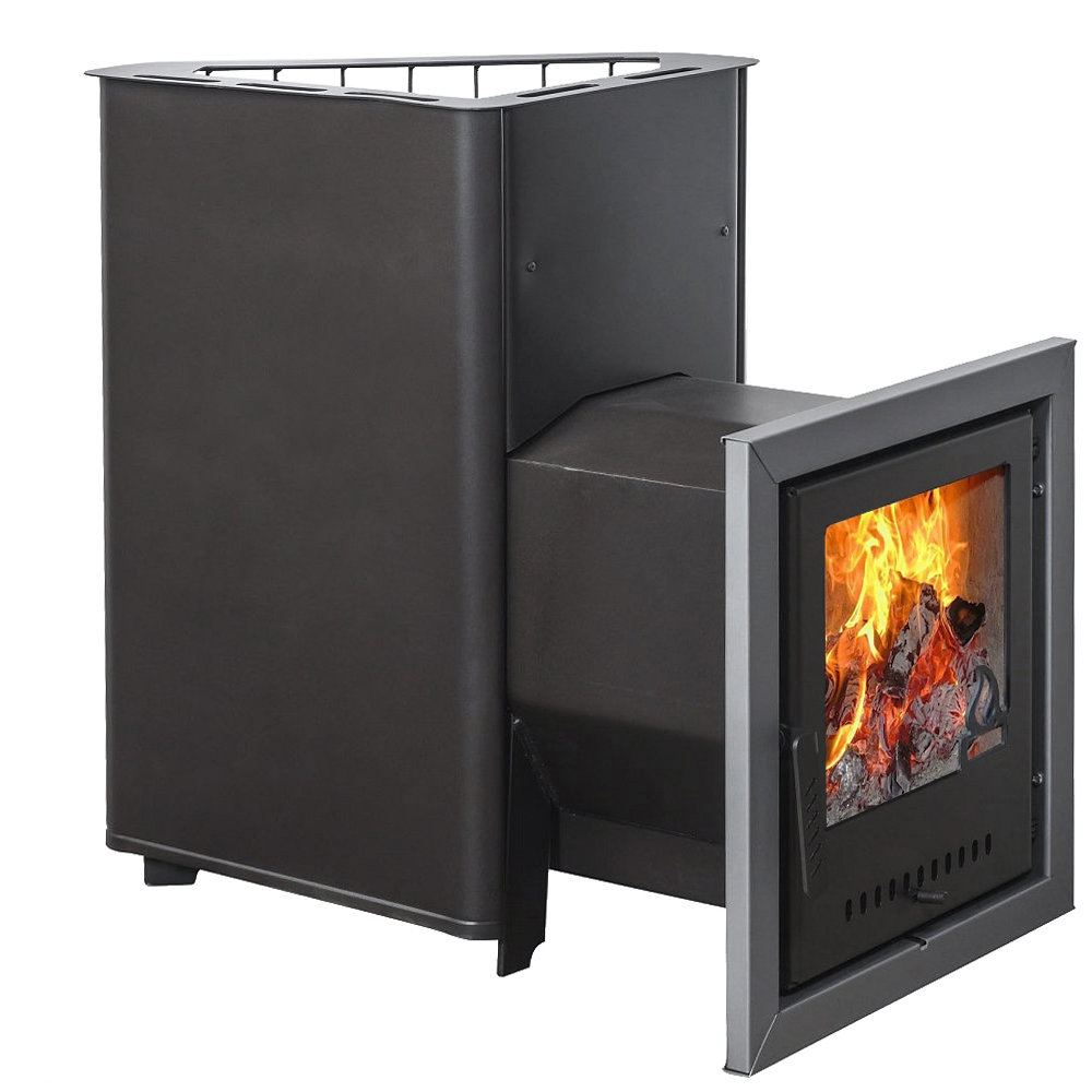 Печь для бани Варвара Бермуда угловая левая c выносной топкой 300 мм дверка со стеклом, парная 6 – 12 м³