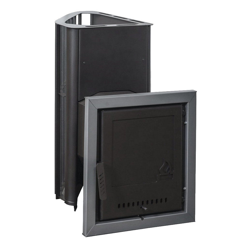 Печь для бани Варвара Бермуда угловая правая c выносной топкой 200 мм дверка с заглушкой под стекло, парная 6 – 12 м³