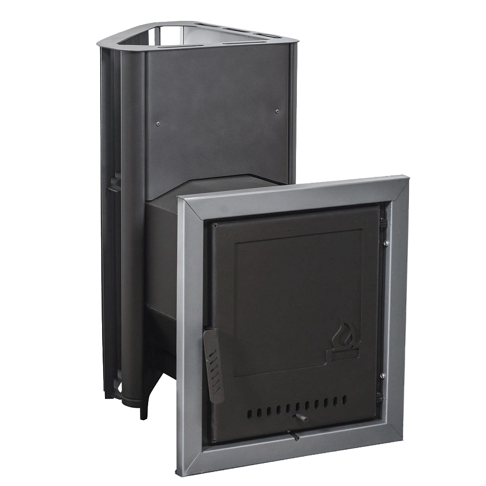 Печь для бани Варвара Бермуда угловая правая c выносной топкой 300 мм дверка с заглушкой под стекло, парная 6 – 12 м³