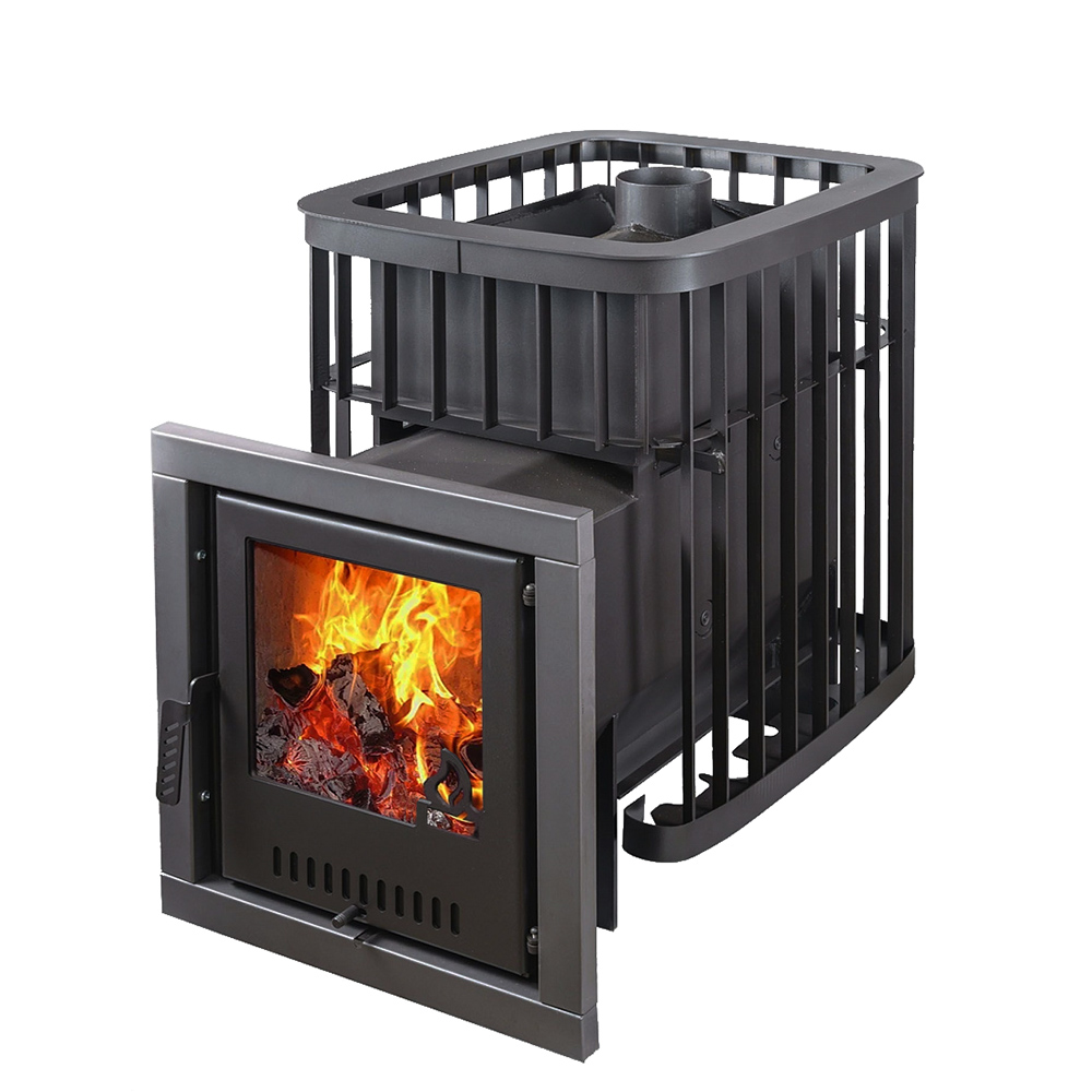 Печь для бани Варвара Каменка мини с выносной топкой 139 мм дверка со стеклом, парная 6 – 12 м³
