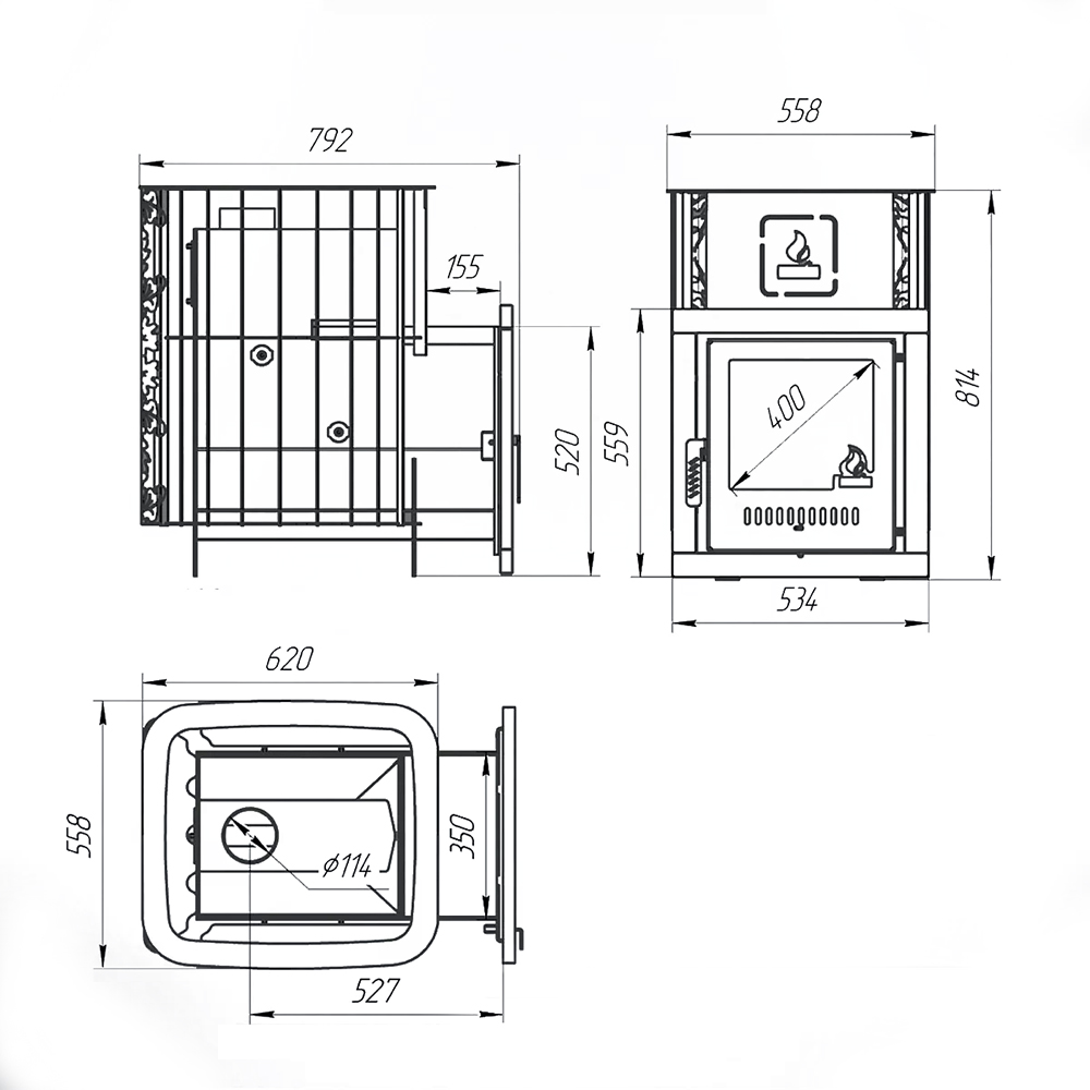 Печь для бани Варвара Каменка с выносной топкой 155 мм дверка со стеклом, парная 12 – 24 м³