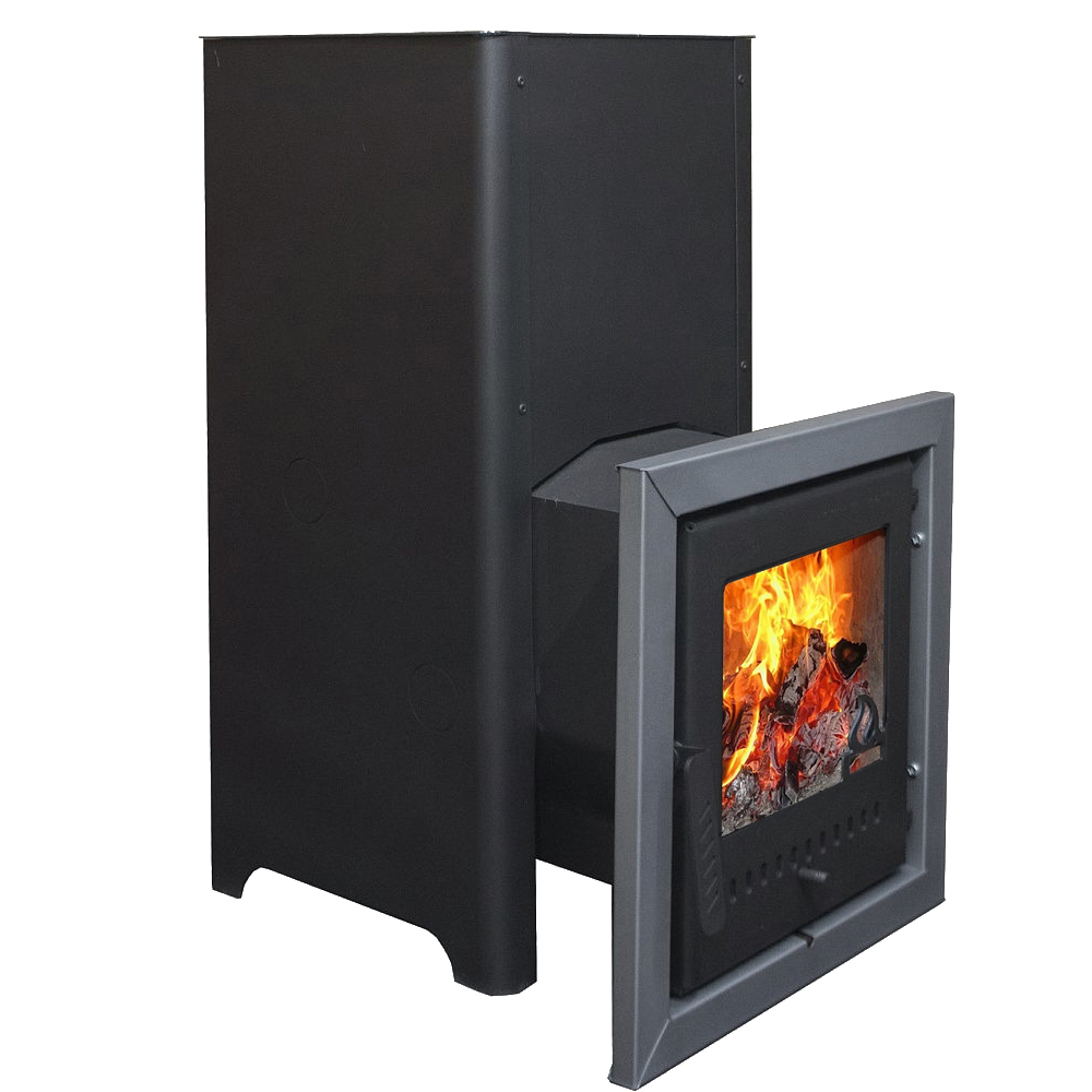 Печь для бани Варвара Пар 18  в кожухе с отверстиями с выносной топкой 225 мм дверка со стеклом, парная 12 – 18 м³