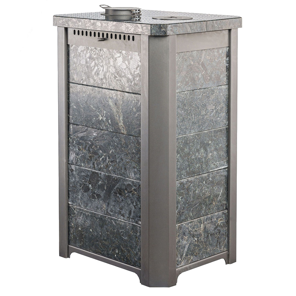 Печь для бани Варвара Сказка 24 "Дуэт" в облицовке Пироксенит без выносной топки дверка со стеклом, парная 12 – 24 м³