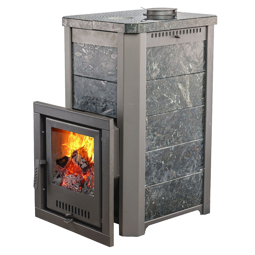 Печь для бани Варвара Сказка 12 Мини в облицовке Пироксенит c выносной топкой 150 мм дверка со стеклом, парная 6 – 12 м³