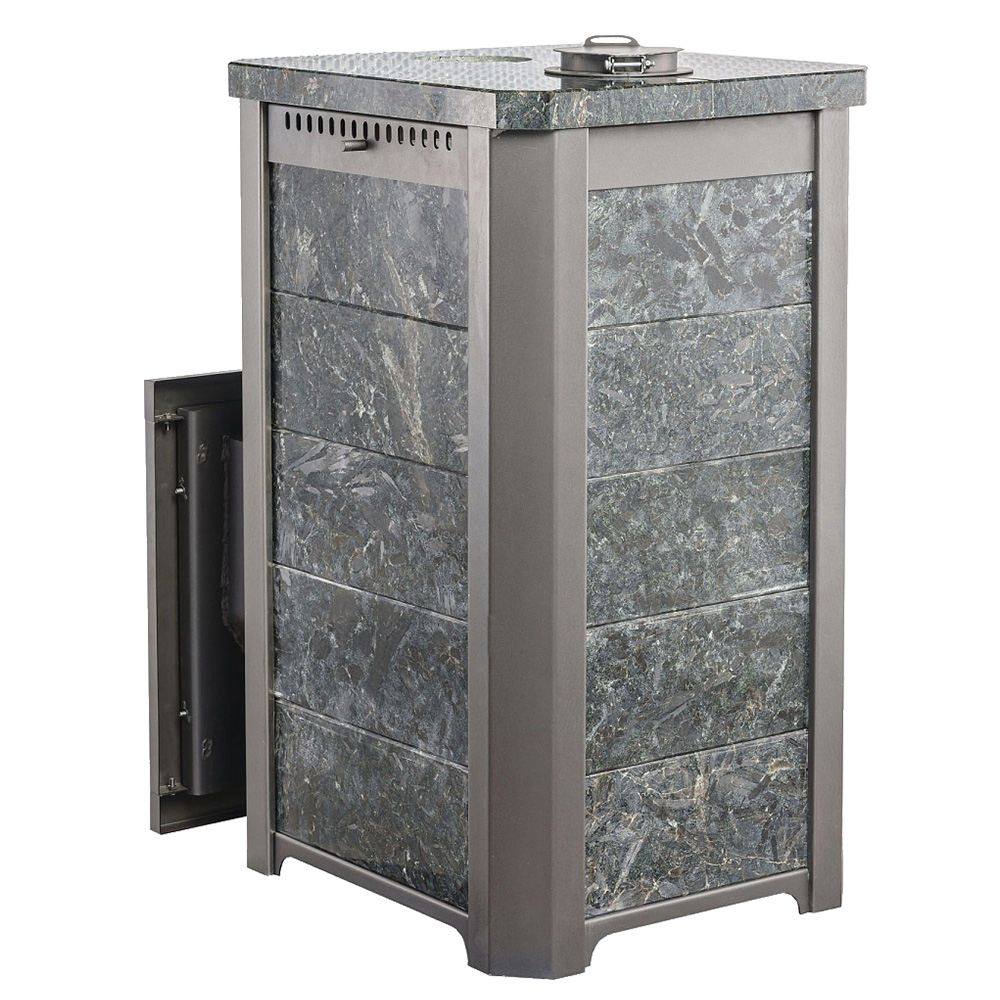 Печь для бани Варвара Сказка 12 Мини в облицовке Пироксенит c выносной топкой 150 мм дверка со стеклом, парная 6 – 12 м³