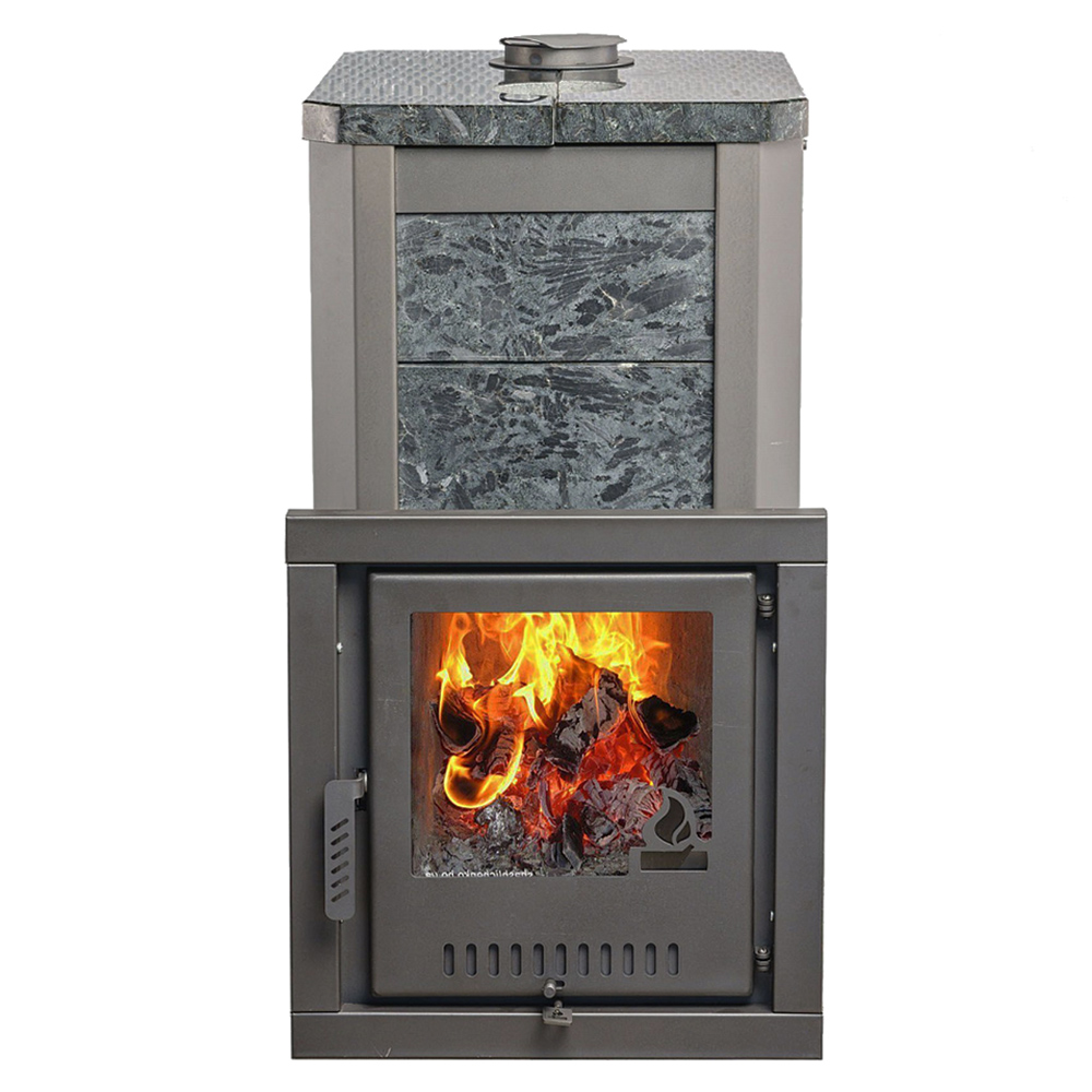 Печь для бани Варвара Сказка 12 Мини в облицовке Пироксенит c выносной топкой 150 мм дверка со стеклом, парная 6 – 12 м³