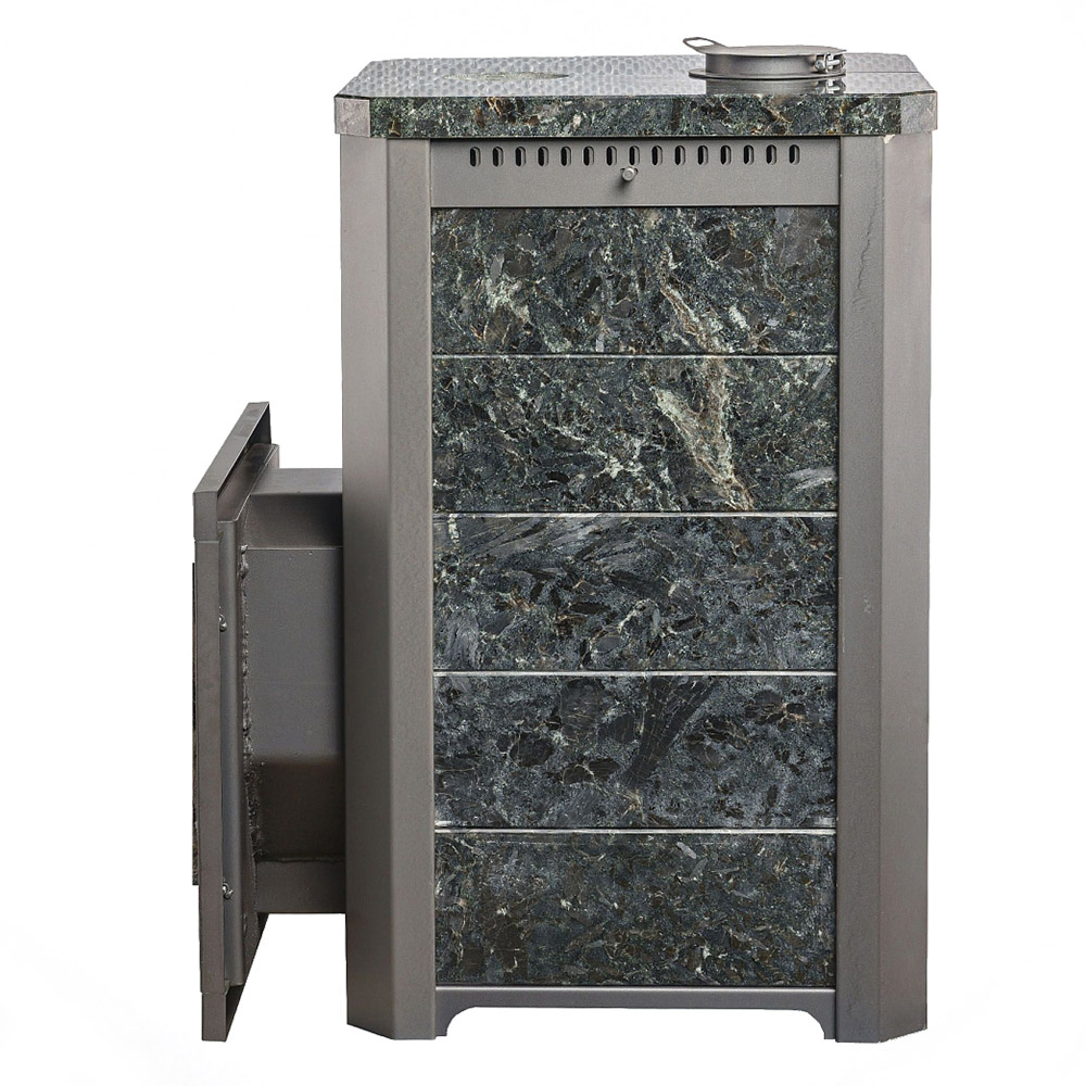 Печь для бани Варвара Сказка 12 Мини в облицовке Пироксенит c выносной топкой 150 мм дверка со стеклом, парная 6 – 12 м³