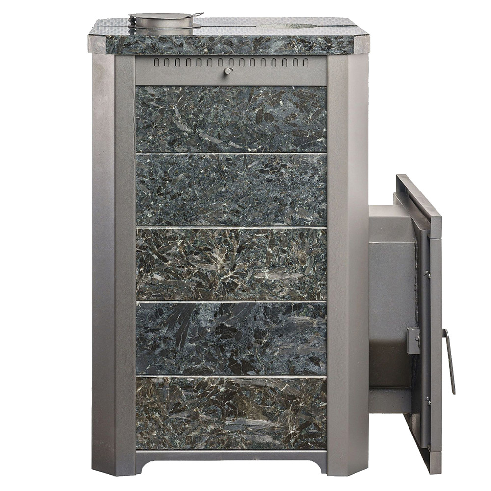 Печь для бани Варвара Сказка 12 Мини в облицовке Пироксенит c выносной топкой 150 мм дверка со стеклом, парная 6 – 12 м³