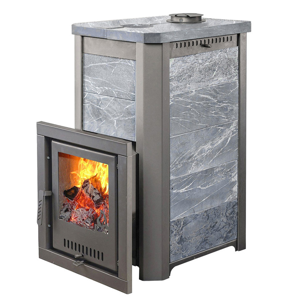 Печь для бани Варвара Сказка 24 в облицовке Талькохлорит c выносной топкой 166 мм дверка со стеклом, парная 12 – 24 м³