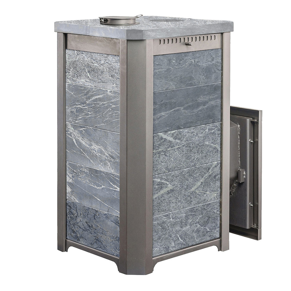 Печь для бани Варвара Сказка 24 в облицовке Талькохлорит c выносной топкой 166 мм дверка со стеклом, парная 12 – 24 м³