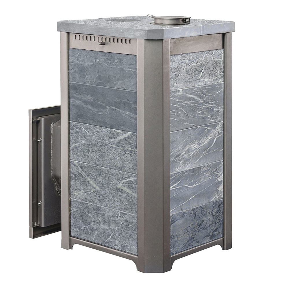 Печь для бани Варвара Сказка 24 в облицовке Талькохлорит c выносной топкой 166 мм дверка со стеклом, парная 12 – 24 м³