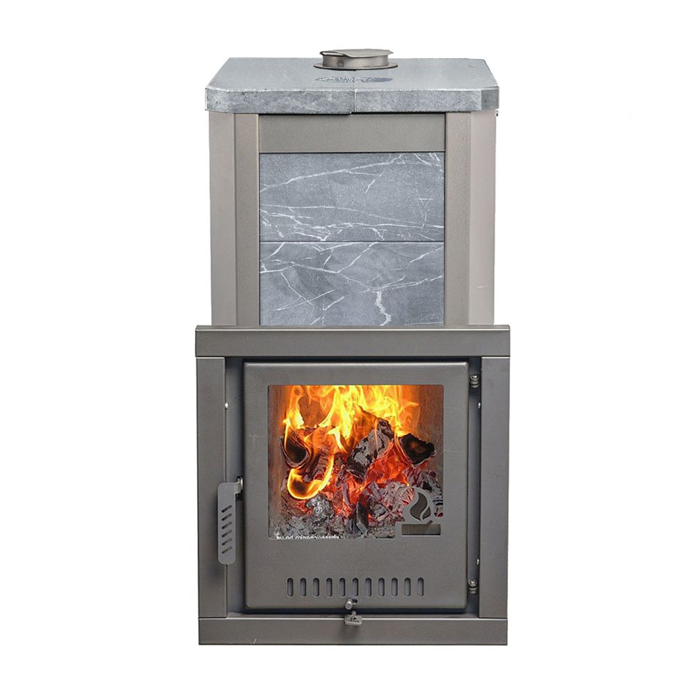 Печь для бани Варвара Сказка 24 в облицовке Талькохлорит c выносной топкой 166 мм дверка со стеклом, парная 12 – 24 м³