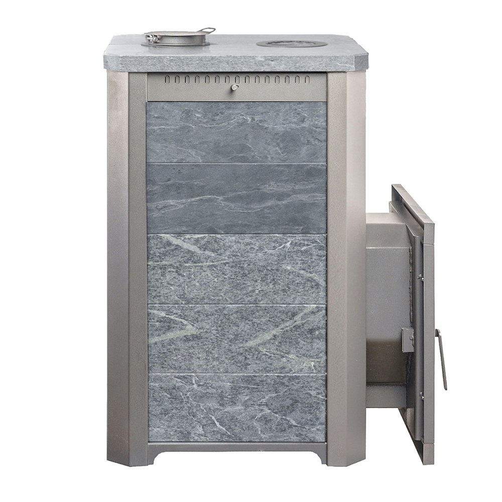 Печь для бани Варвара Сказка 24 в облицовке Талькохлорит c выносной топкой 166 мм дверка со стеклом, парная 12 – 24 м³