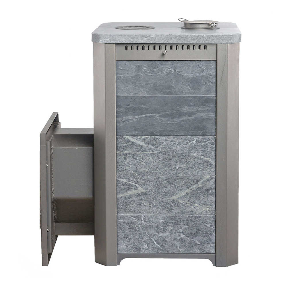 Печь для бани Варвара Сказка 24 в облицовке Талькохлорит c длинной выносной топкой 266 мм дверка со стеклом, парная 12 – 24 м³