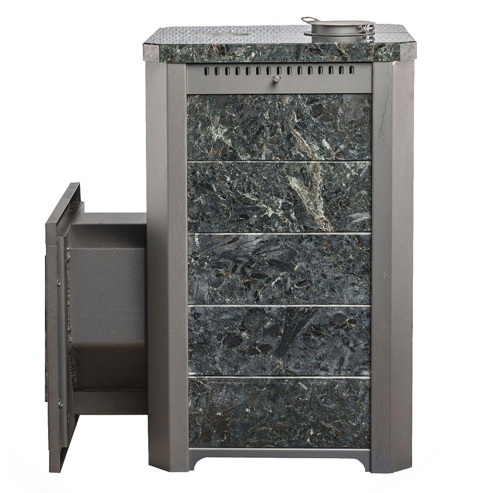 Печь для бани Варвара Сказка 12 Мини в облицовке Пироксенит c длинной выносной топкой 295 мм дверка со стеклом, парная 6 – 12 м³