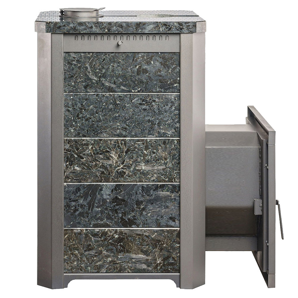 Печь для бани Варвара Сказка 12 Мини в облицовке Пироксенит c длинной выносной топкой 295 мм дверка со стеклом, парная 6 – 12 м³