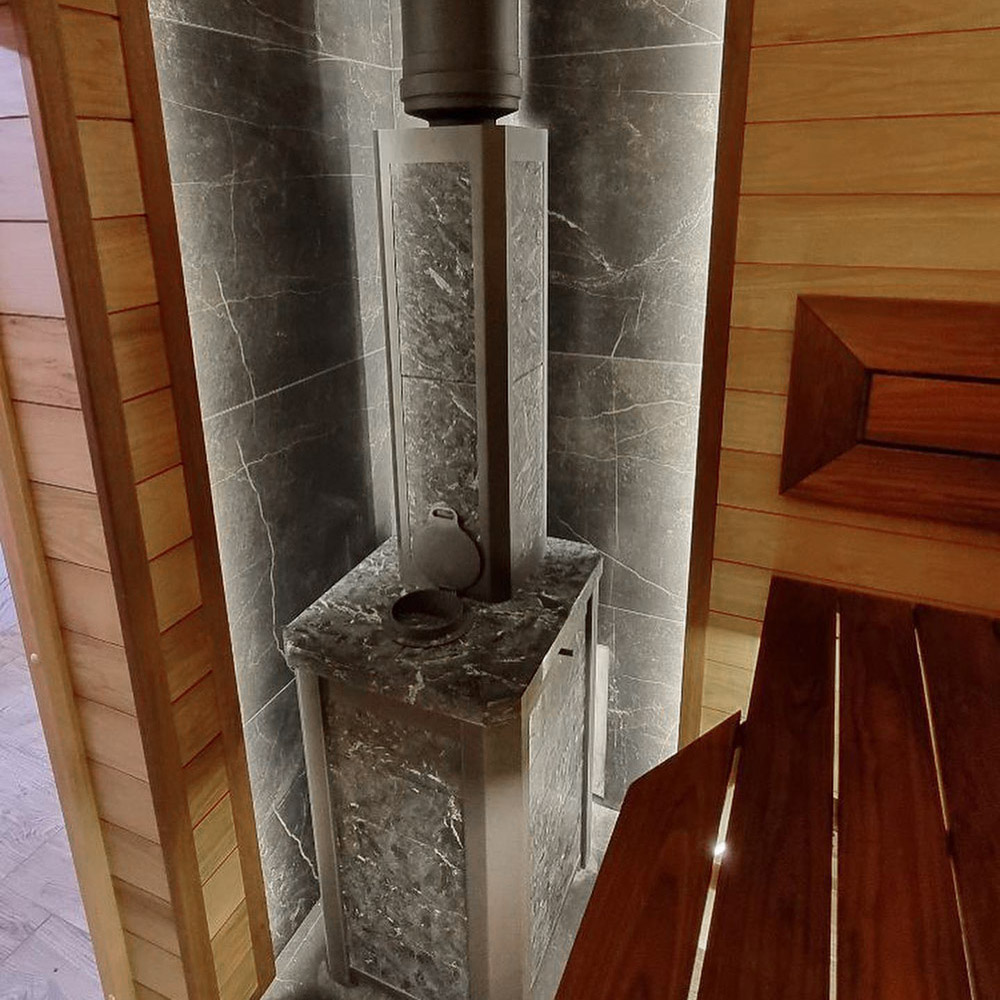 Печь для бани Варвара Сказка 24 "Дуэт" в облицовке Пироксенит без выносной топки дверка со стеклом, парная 12 – 24 м³