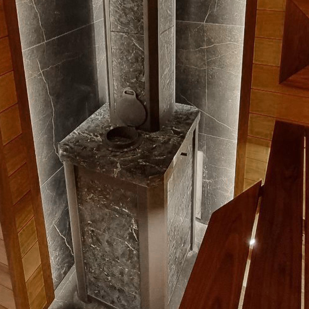 Печь для бани Варвара Сказка 24 "Дуэт" в облицовке Пироксенит без выносной топки дверка со стеклом, парная 12 – 24 м³