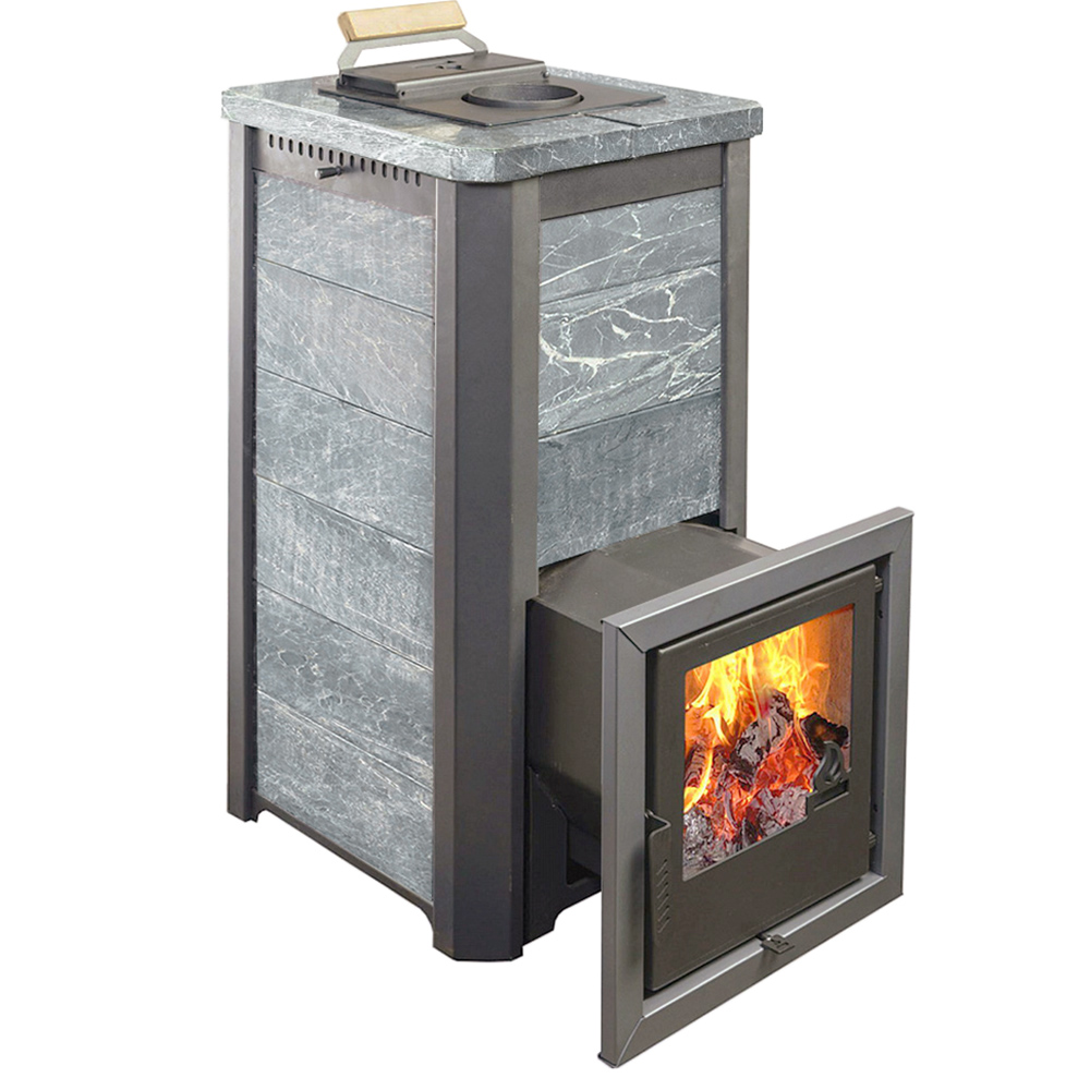 Печь для бани Варвара ТЕРМА Сказка 28 в облицовке Талькохлорит c выносной топкой 270 мм дверка со стеклом, парная 16 – 28 м³