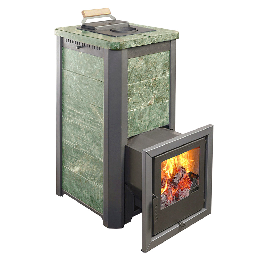 Печь для бани Варвара ТЕРМА Сказка 16 Мини в облицовке Змеевик c выносной топкой 180 мм дверка со стеклом, парная 6 – 16 м³
