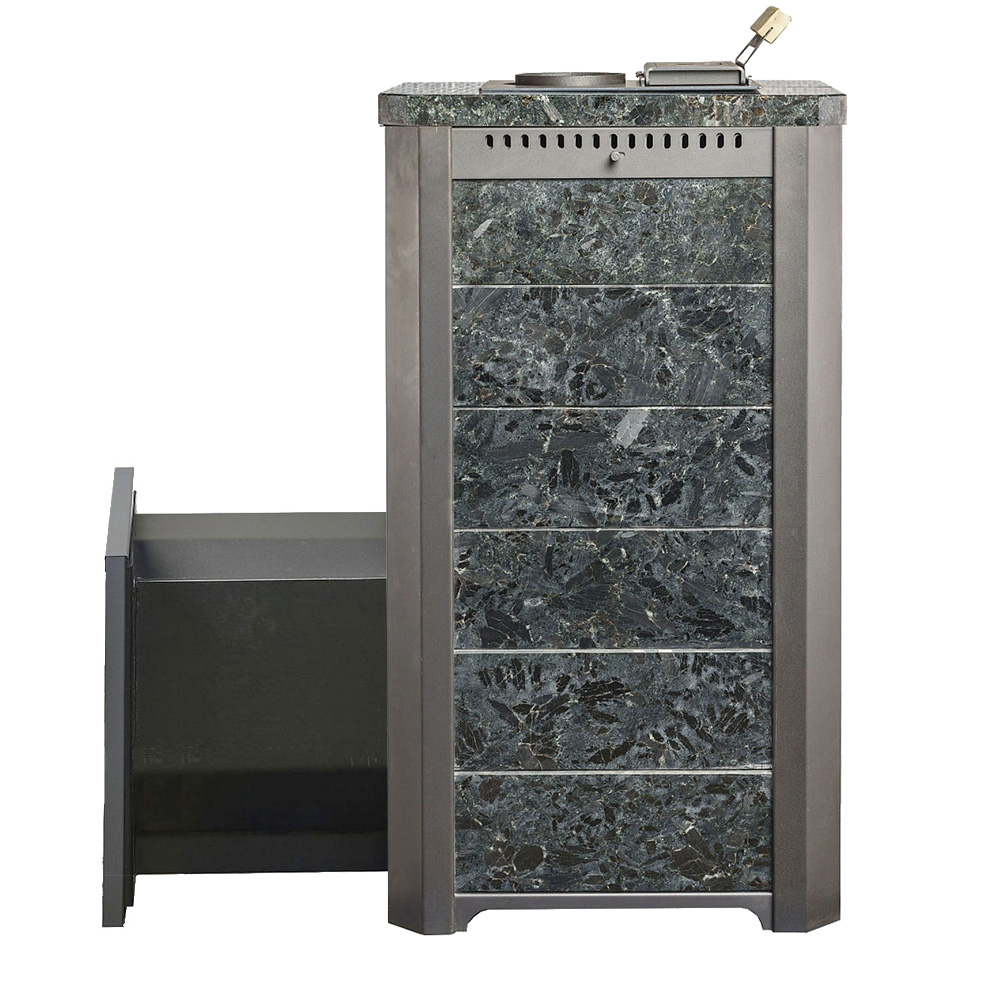 Печь для бани Варвара ТЕРМА Сказка 28 в облицовке Пироксенит c длинной выносной топкой 370 мм дверка со стеклом, парная 16 – 28 м³