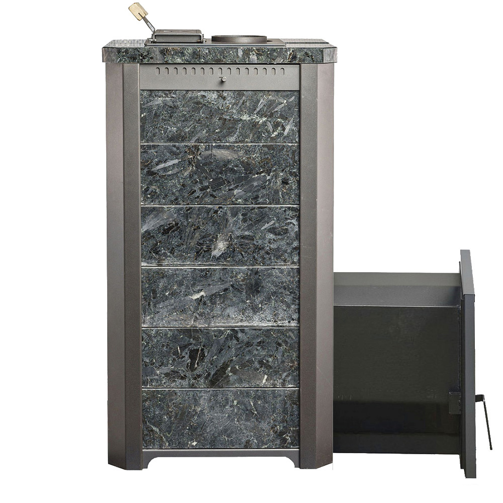 Печь для бани Варвара ТЕРМА Сказка 28 в облицовке Пироксенит c длинной выносной топкой 370 мм дверка со стеклом, парная 16 – 28 м³