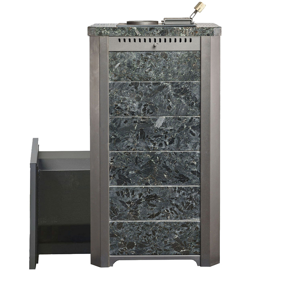 Печь для бани Варвара ТЕРМА Сказка 28 в облицовке Пироксенит c выносной топкой 270 мм дверка со стеклом,, парная 16 – 28 м³