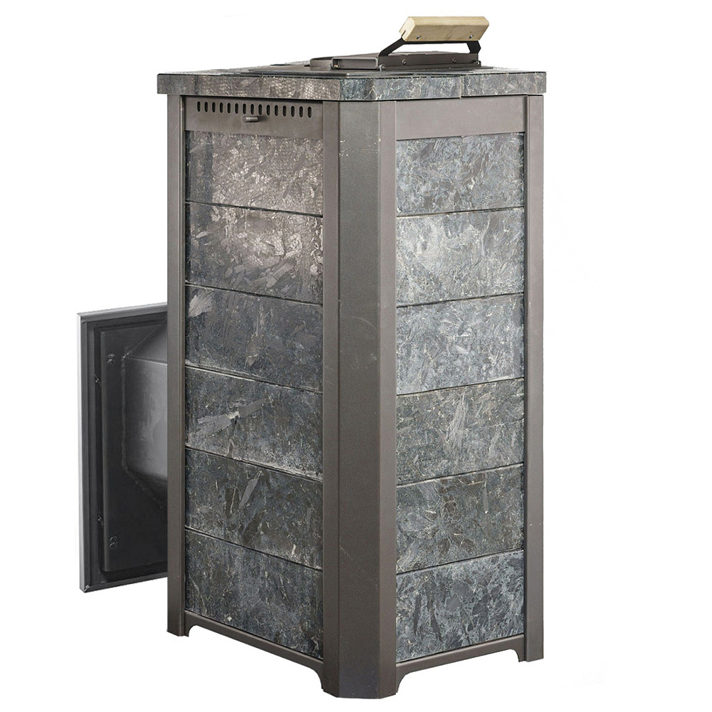 Печь для бани Варвара ТЕРМА Сказка 28 в облицовке Пироксенит c выносной топкой 270 мм дверка со стеклом,, парная 16 – 28 м³