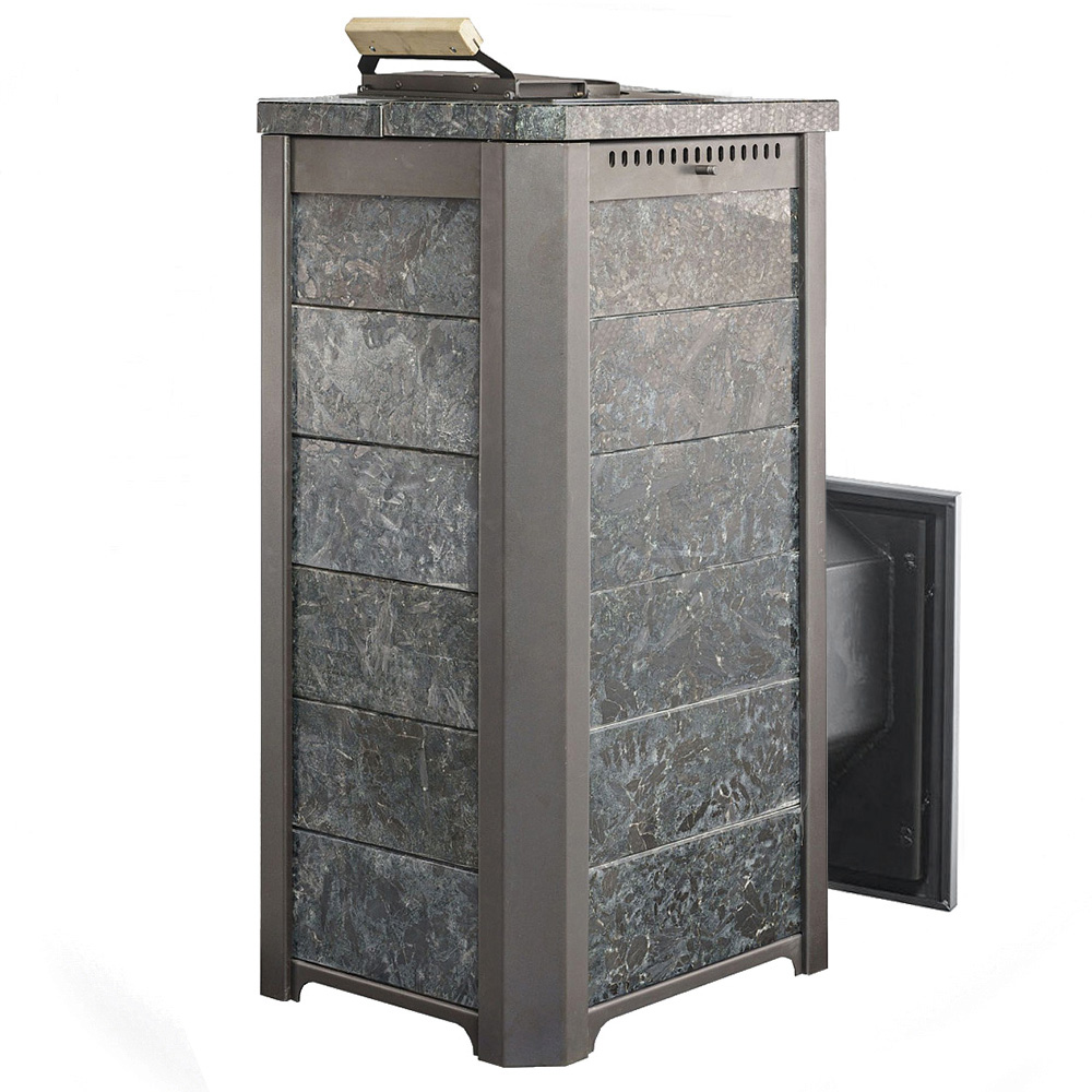 Печь для бани Варвара ТЕРМА Сказка 28 в облицовке Пироксенит c выносной топкой 270 мм дверка со стеклом,, парная 16 – 28 м³