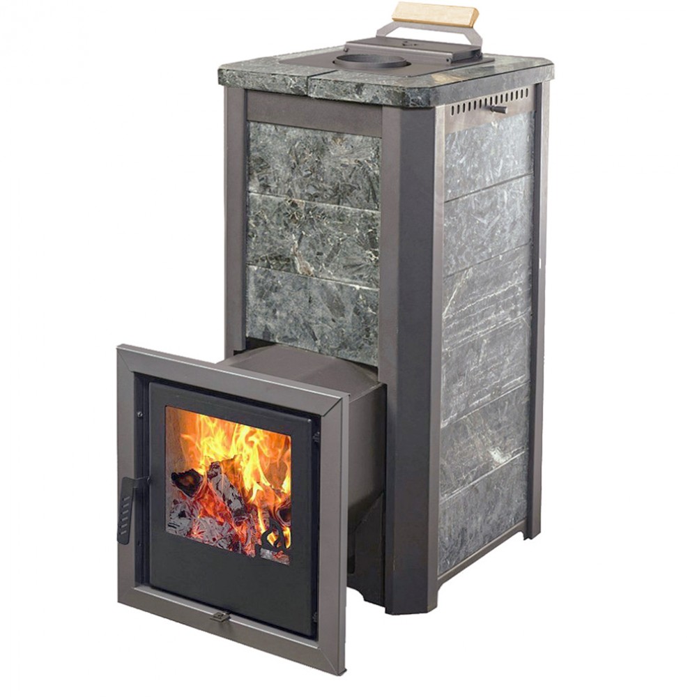 Печь для бани Варвара ТЕРМА Сказка 28 в облицовке Пироксенит c выносной топкой 270 мм дверка со стеклом,, парная 16 – 28 м³
