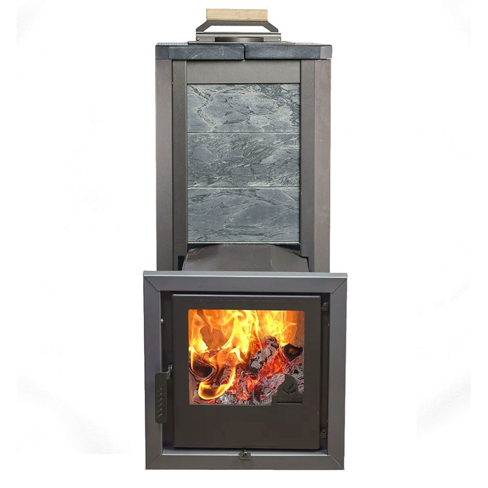 Печь для бани Варвара ТЕРМА Сказка 16 Мини в облицовке Талькохлорит c выносной топкой 180 мм дверка со стеклом, парная 6 – 16 м³