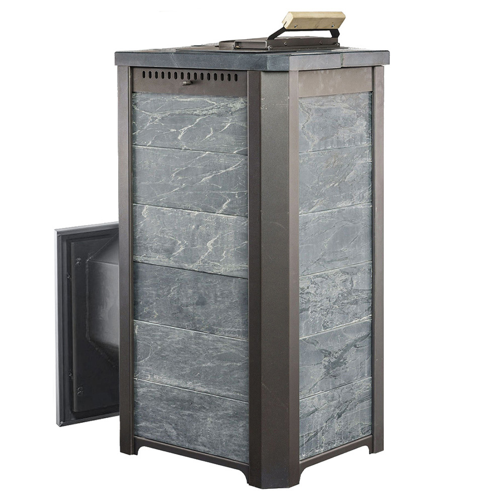 Печь для бани Варвара ТЕРМА Сказка 16 Мини в облицовке Талькохлорит c выносной топкой 180 мм дверка со стеклом, парная 6 – 16 м³