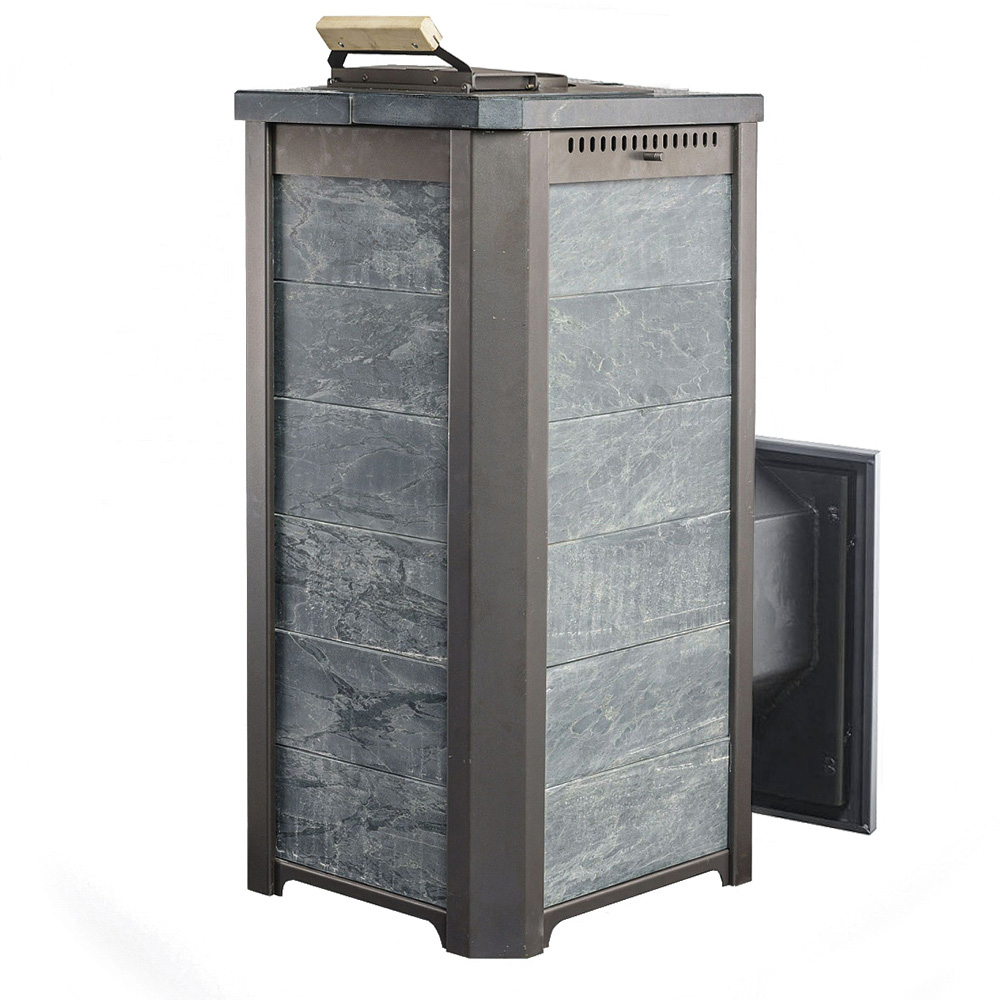 Печь для бани Варвара ТЕРМА Сказка 16 Мини в облицовке Талькохлорит c выносной топкой 180 мм дверка со стеклом, парная 6 – 16 м³