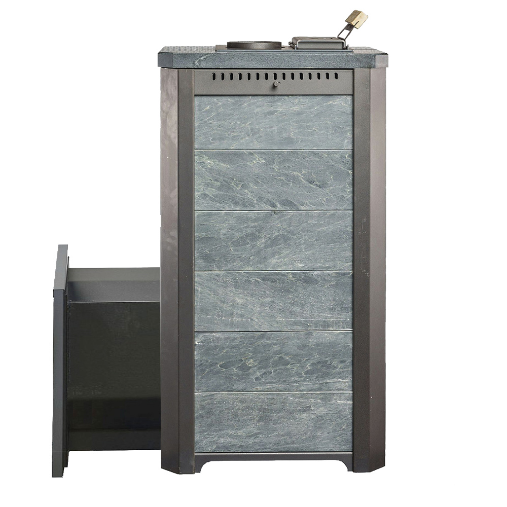 Печь для бани Варвара ТЕРМА Сказка 16 Мини в облицовке Талькохлорит c выносной топкой 180 мм дверка со стеклом, парная 6 – 16 м³