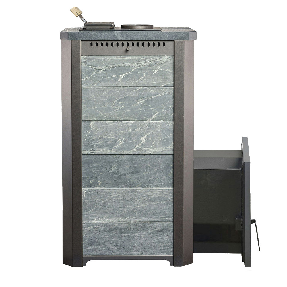 Печь для бани Варвара ТЕРМА Сказка 16 Мини в облицовке Талькохлорит c выносной топкой 180 мм дверка со стеклом, парная 6 – 16 м³