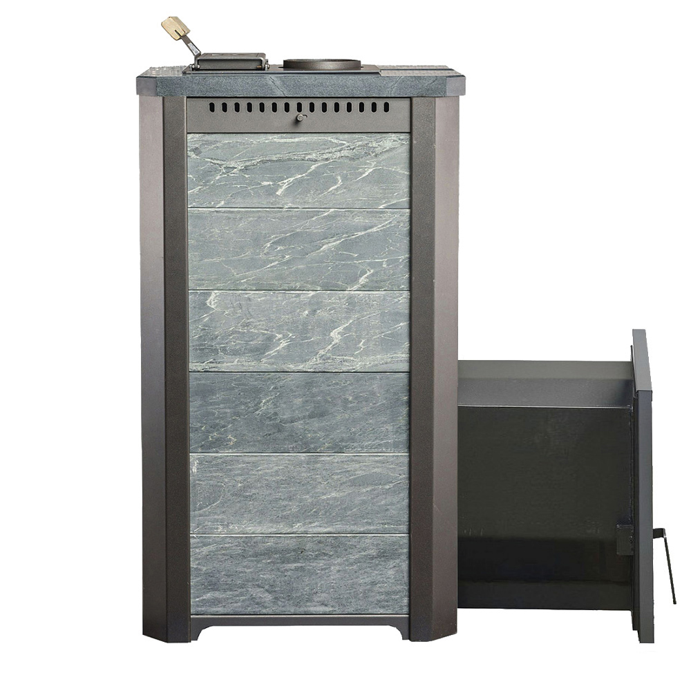 Печь для бани Варвара ТЕРМА Сказка 28 в облицовке Талькохлорит c длинной выносной топкой 370 мм дверка со стеклом, парная 16 – 28 м³