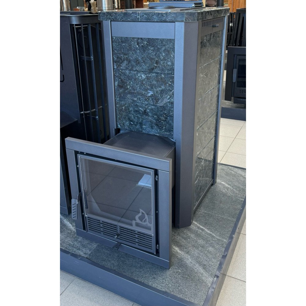 Печь для бани Варвара ТЕРМА Сказка 28 в облицовке Пироксенит c выносной топкой 270 мм дверка со стеклом,, парная 16 – 28 м³