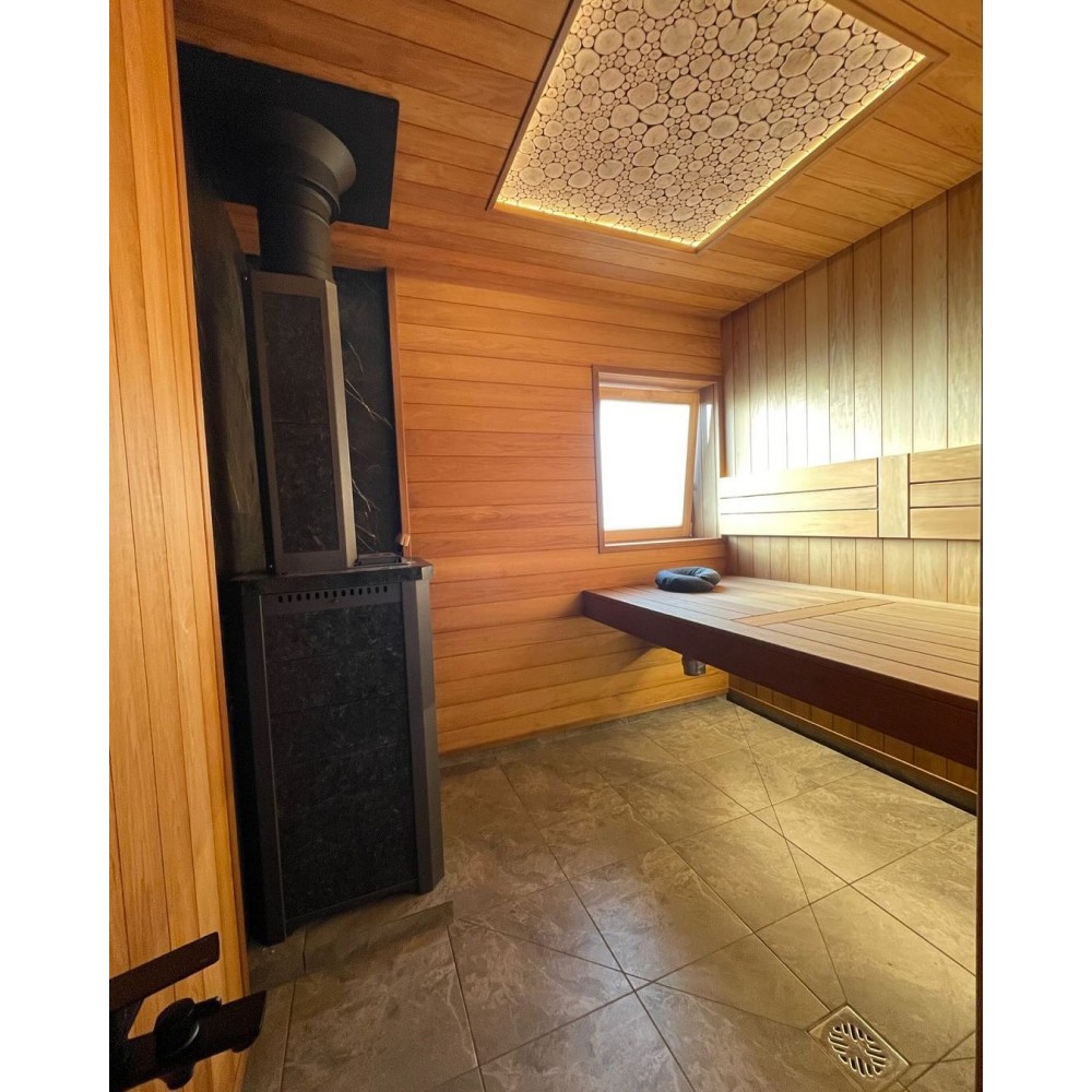 Печь для бани Варвара ТЕРМА Сказка 28 в облицовке Пироксенит c выносной топкой 270 мм дверка со стеклом,, парная 16 – 28 м³