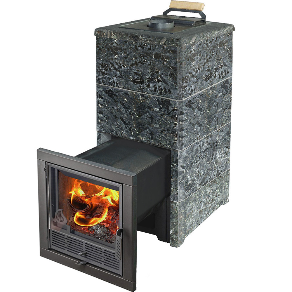 Печь для бани Варвара ТЕРМА Элегант в облицовке Пироксенит c выносной топкой 340 мм дверка со стеклом, парная 16 – 28 м³