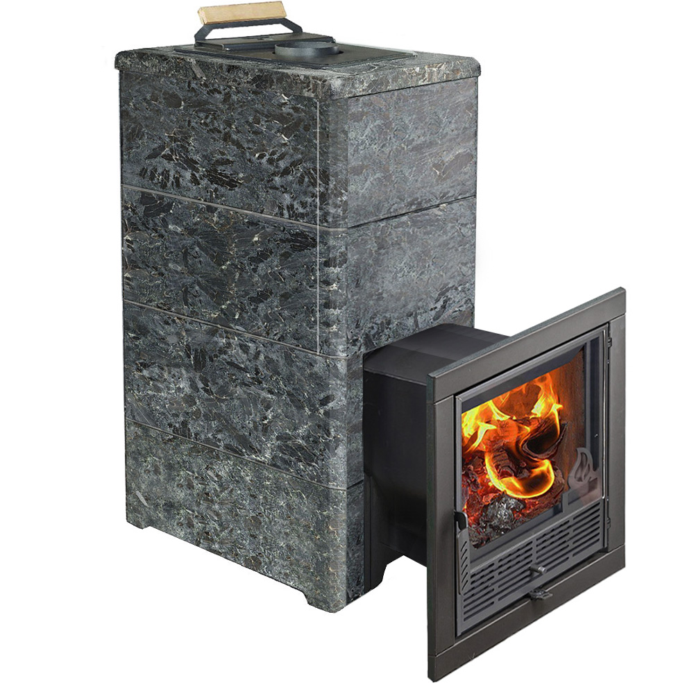 Печь для бани Варвара ТЕРМА Элегант в облицовке Пироксенит c выносной топкой 240 мм дверка со стеклом, парная 16 – 28 м³