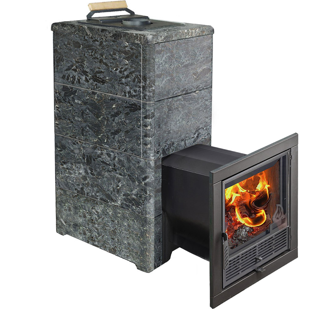Печь для бани Варвара ТЕРМА Элегант в облицовке Пироксенит c выносной топкой 340 мм дверка со стеклом, парная 16 – 28 м³