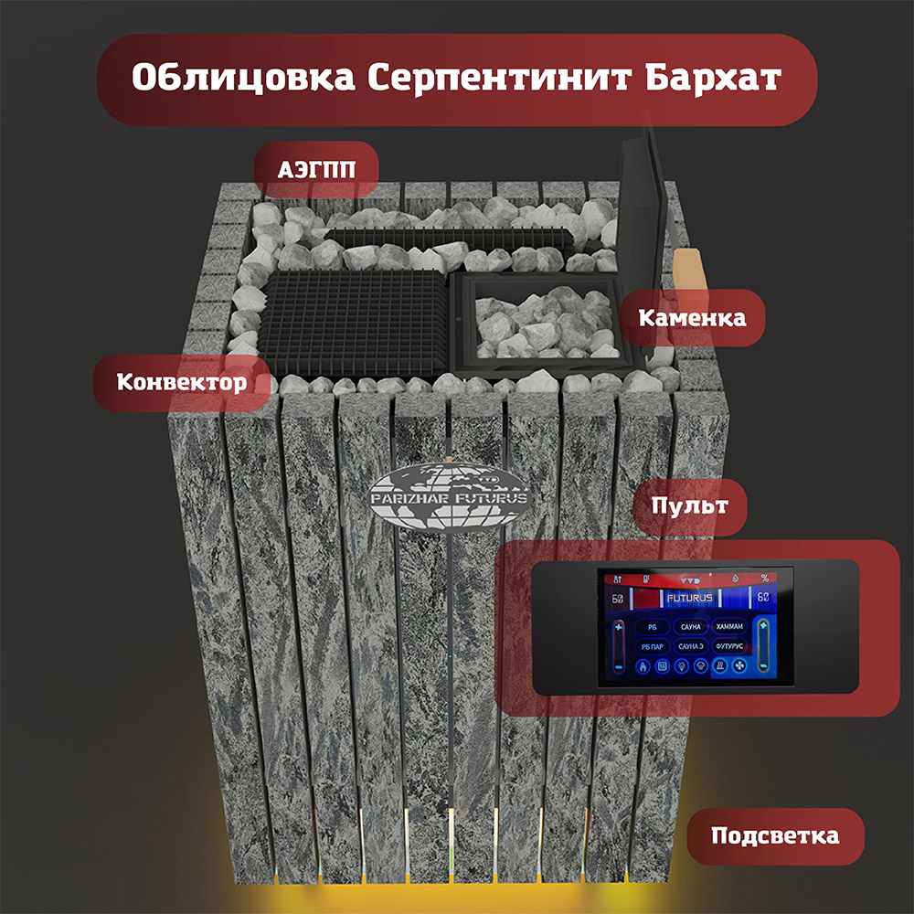 Электрическая паротермальная печь Инжкомцентр ВВД «ПАРиЖАР Футурус» в облицовке из серпентинита «Бархат» 14 кВт (380В) до 20 м³