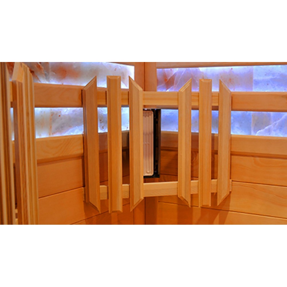 Двухместная кабина из кедра с излучателями и с соляной вставкой в 2 ряда в задней стенке