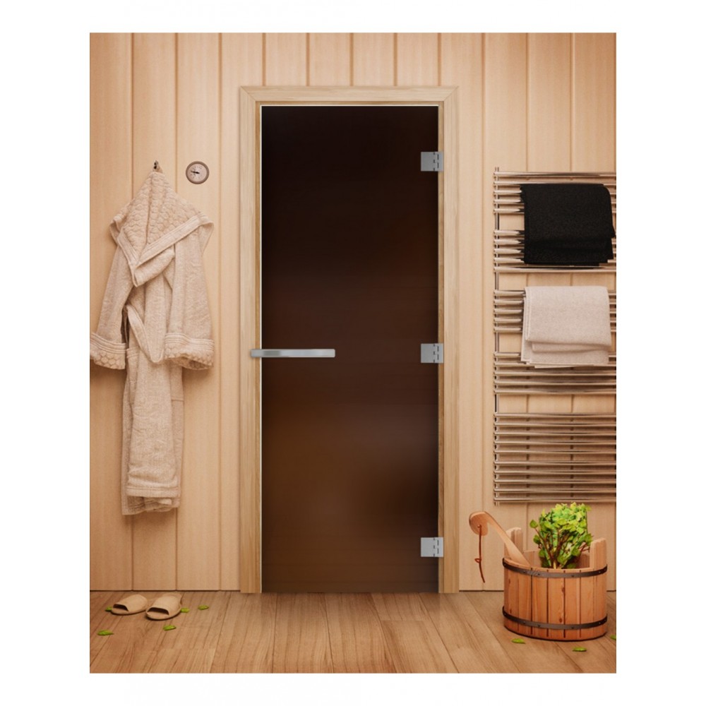 Дверь стеклянная DoorWood 600*1900 "Теплая ночь" стекло бронза матовая 8 мм, коробка ольха, ручка алюминий/дерево