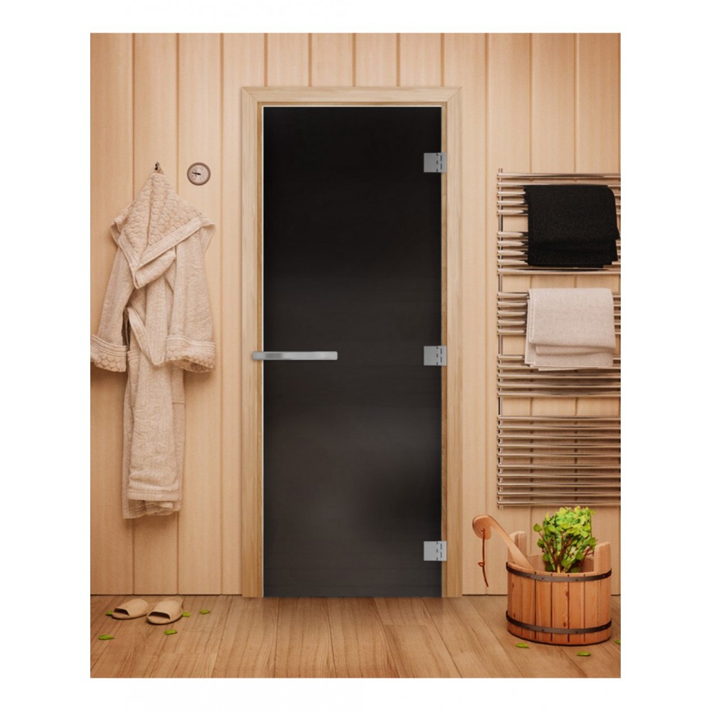 Дверь стеклянная DoorWood 800*2000 "Затмение" стекло графит матовый 8 мм, коробка ольха, ручка алюминий/дерево