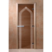 Дверь стеклянная DoorWood 600*1900 "Арка Бронза" стекло бронза прозрачная 8 мм, коробка ольха, ручка алюминий/дерево