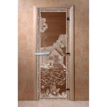 Дверь стеклянная DoorWood 900*2100 "Банька в лесу Бронза" стекло бронза прозрачная 8 мм, коробка ольха, ручка алюминий/дерево