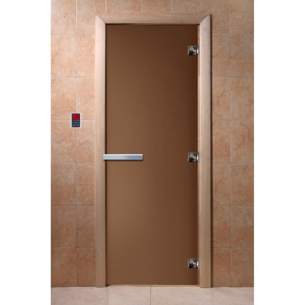 Дверь стеклянная DoorWood 600*1900 "Теплая ночь" стекло бронза матовая 8 мм, коробка ольха, ручка алюминий/дерево
