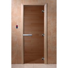 Дверь стеклянная DoorWood 600*1900 "Теплый день" стекло бронза прозрачная 8 мм, коробка ольха, ручка алюминий/дерево